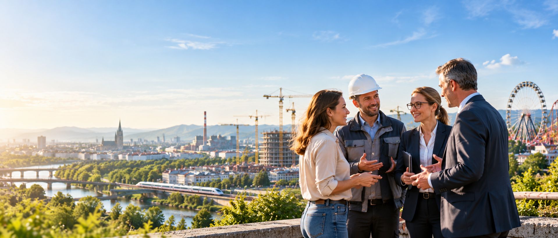 Eine Bürgerin, ein Unternehmer, eine Beamtin und ein Politiker im Gespräch auf einer Terrasse über einer Stadt mit Baukränen, Fluss und Bahn